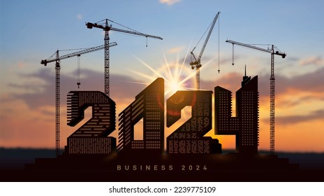 Grúas de construcción de silueta y casas en forma de números 2024. Gran construcción, muchas grúas de construcción establecen números vectores 2024. Equipo de construcción fija números para el Año Nuevo 2024.