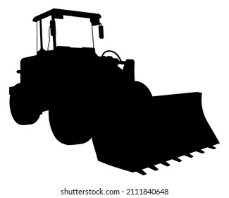 Silhouette de cargador de equipo de construcción, bulldozer para obras de tierra. Máquinas y equipos industriales. Vector aislado en blanco