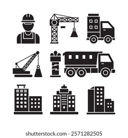 silhouette construction Icons set, minimalist, flat design