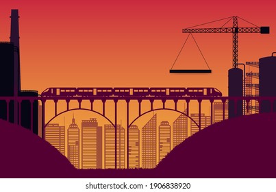silhouette construction site and train with bridge on orange gradient background