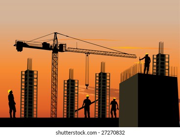 Silhouette of construction site with workers and scaffolding at sunset sky