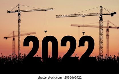 Silhouette of construction to welcome the new year 2022. Large against the backdrop of the sunset sky construction site, many construction cranes set vector numbers 2022. Big numbers for New Year 2022