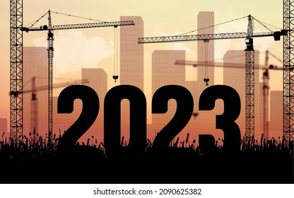 Silhouette of construction to welcome the new year 2023. Large against the backdrop of the sunset sky construction site, many construction cranes set vector numbers 2023. Big numbers for New Year 2023 - Shutterstock ID 2090625382