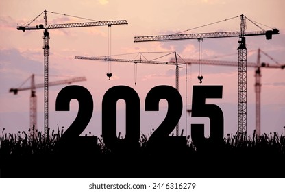 Silueta de construcción para dar la bienvenida al nuevo año 2025. Grandes números para el Nuevo año 2025. Grande con el telón de fondo de la construcción de sunset sky, muchas grúas de construcción establecen números de Vector 2025