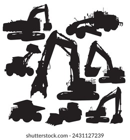 silhouette construction work machine. excavator bulldozer crane wheel loader. black isolated white background