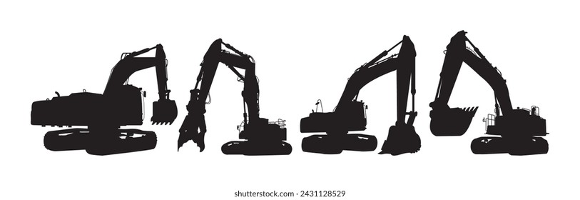 silhouette construction work machine. excavator. black isolated white background