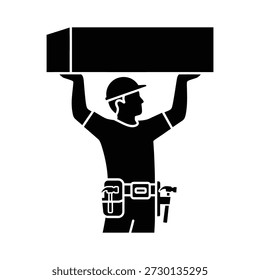 Silhouette des Bauarbeiters, der schwere Box trägt, die Sicherheitsausrüstung trägt