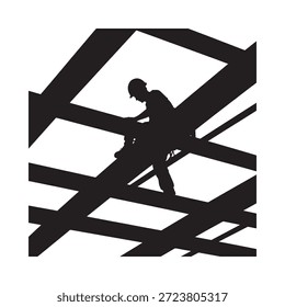 Silhouette of a construction worker climbing on a metal framework structure