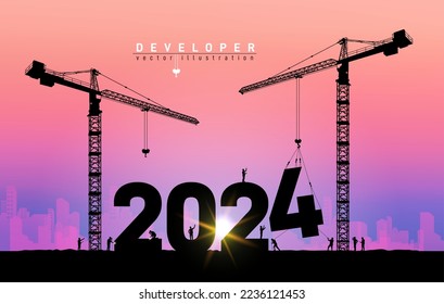 Silhouette des Bauarbeiters mit Kranich und Himmel für die Vorbereitung der Begrüßung 2024 Neujahrsparty und Wechsel Neugeschäft. Geschäftsingenieur, der 2024 in einem Baugelände nach Plan Ausschau hält. Entwickler.