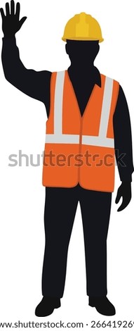 Silhouette of a construction worker in dark clothing wearing an orange safety vest and yellow hard hat raising one hand in greeting or signal, depicted in flat vector style. Professional and clear.