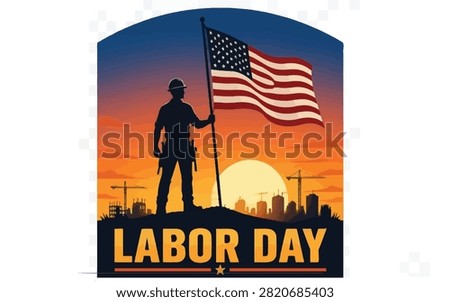 A silhouette of a construction worker holding an American flag at sunset with a city skyline in the background, celebrating Labor Day.