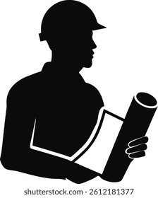 Silhouette Of A Construction Worker Holding Blueprints Or Plans Wearing A Hard Hat Isolated On White Background