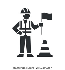 Una silueta de un trabajador de la construcción sosteniendo una bandera mientras está de pie cerca de un cono de tráfico que representa el trabajo en la carretera o la seguridad