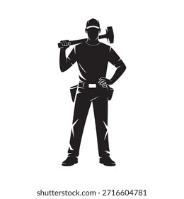 Silueta de un trabajador de la construcción que sostiene un mazazo que exhibe las herramientas y el atuendo del trabajo