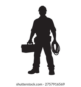 Silhouette of a construction worker holding a toolbox and cable