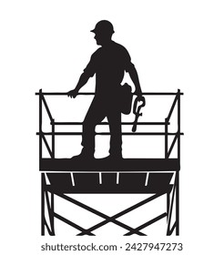 Silhouette of a construction worker on a scaffolding. Vector illustration.