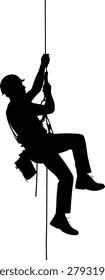 Silhouette of a construction worker performing rope access work isolated on transparent background