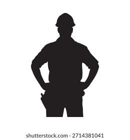 Silhouette eines Bauarbeiters, der mit Händen auf den Hüften steht, ein krasses Bild