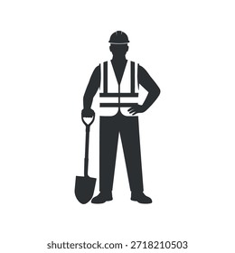 Una silueta de un trabajador de la construcción sostiene una pala que representa el icono del trabajo laboral y de infraestructura