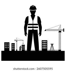 Silhouette of a Construction Worker in Urban Development Scene vector illustration isolated white background