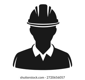 A silhouette of a construction worker wearing a hard hat on a black background