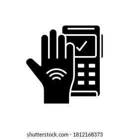 Silhouette Contactless hand payment with implanted chip signal. Modern high technology. Outline illustration of pos credit card terminal with human palm. Flat isolated vector icon on white background