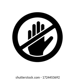 Silhouette contactless sign. Outline round icon of crossed human hand. Black illustration ban on touch in pandemic, quarantine. Flat isolated vector on white background. Dangerous to pick up