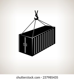 Silhouette container, which hangs in the air  on tap on a light background,  black and white  vector illustration