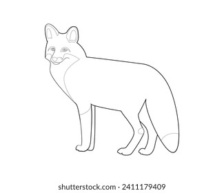Silhouette, contour, black and white fox. Wild animal. Coloring book for children. Vector illustration on white background
