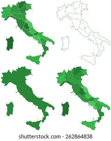 Silhouette contour border map  set of the Italy with islands. All objects are independent and fully editable 