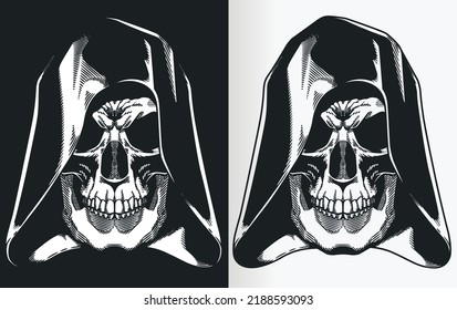 A silhouette contour of a death reaper skull wearing hood from front view perspective