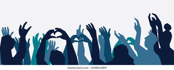 Silhouette contour of hands of people having fun and cheering music band, show or holiday event. Music fans applause and raising hands in cheering, vector illustration on white background.