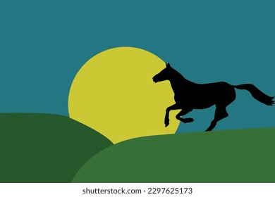 Silhouette, contour of a horse, against the background of sunrise or sunset. Vector horse silhouette logo template and design element.