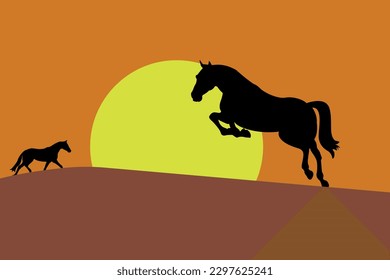 Silhouette, contour of a horse, against the background of sunrise or sunset. Vector horse silhouette logo template and design element.