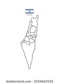 Mapa de contorno de silhueta de israel com o contorno de regiões. Ilustração vetorial com um sinalizador. Ásia Ocidental