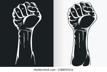 A silhouette contour of a raised protest fist on close up front view