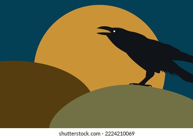 Silhouette, contour of a raven against the background of sunrise or sunset