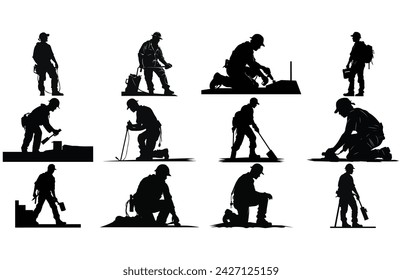 Silhouette Contractor site worker vector illustration, Set contractor worker activity silhouette vector illustration.
