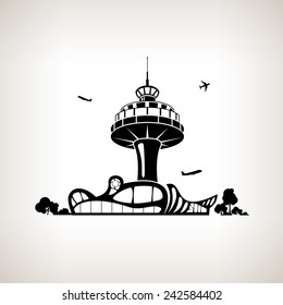 Silhouette control tower at the airport on a light background,  black and white  vector illustration