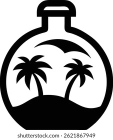Silhouette conveys a tropical island featuring two palm trees set within a stylized bottle, creating a minimalist and striking nature-inspired scene in black.