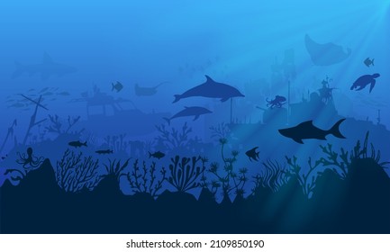 Silhouette of coral reef with dolphin, shark, stingray, turtle and shipwrecks on the blue seabed. Underwater background vector illustration.