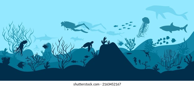 silueta de arrecife de coral con peces y buzos en fondo marino azul ilustración de vector submarino