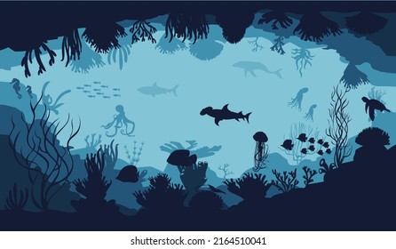 silueta de arrecife de coral con peces y buzos en fondo marino azul ilustración de vector submarino