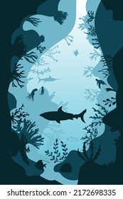 silhouette of coral reef with fish and divers on blue sea background underwater vector illustration