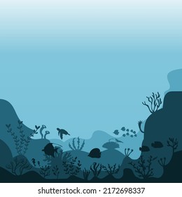 Silhouette des Korallenriffs mit Fischen und Tauchern auf blauem Hintergrund unter Wasser Vektorgrafik