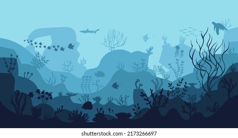 silhouette of coral reef with fish and divers on blue sea background underwater vector illustration