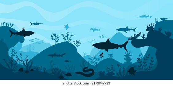 silhouette of coral reef with fish and divers on blue sea background underwater vector illustration
