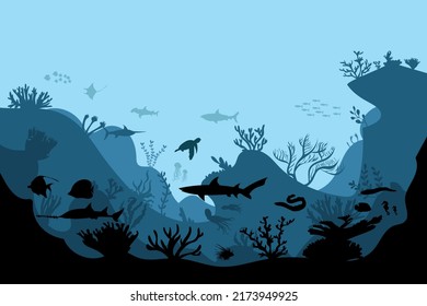 silhouette of coral reef with fish and divers on blue sea background underwater vector illustration