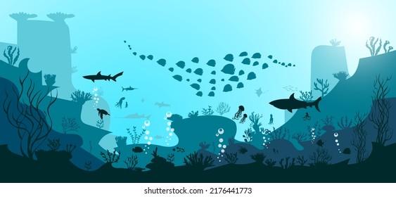 silhouette of coral reef with fish and divers on blue sea background underwater vector illustration