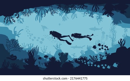 silhouette of coral reef with fish and divers on blue sea background underwater vector illustration